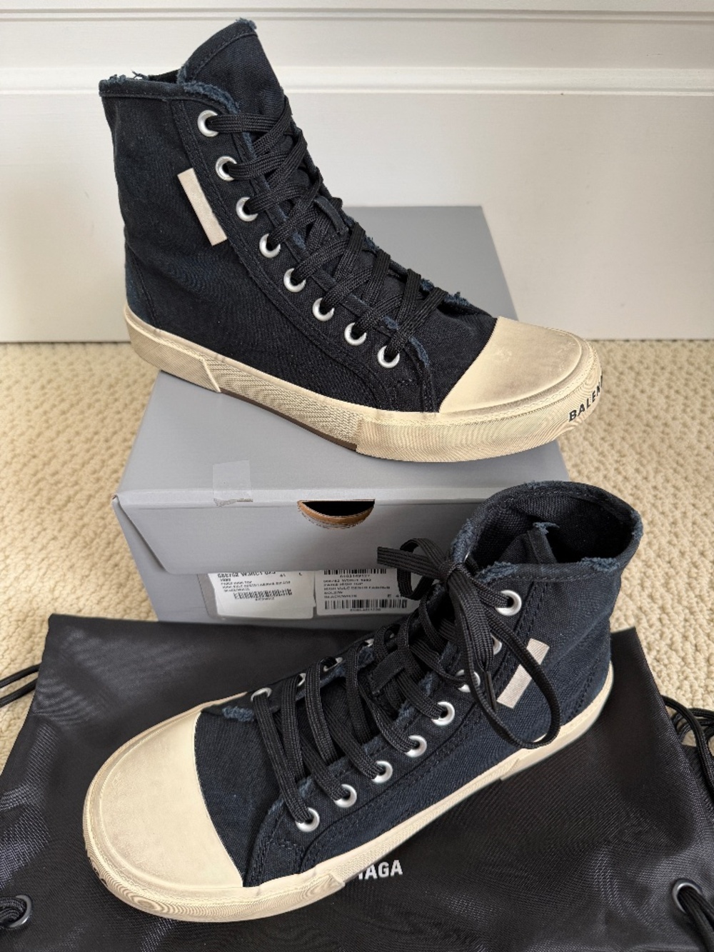 Balenciaga Paris Distressed Black Canvas Logo High Top Sneakers